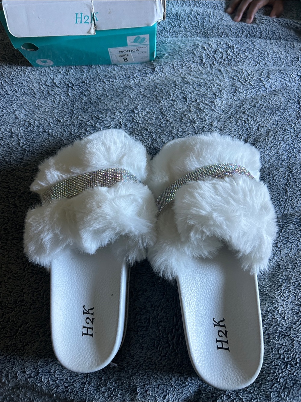 H2K White Faux Fur Slide Sandals with Rhinestone Accent